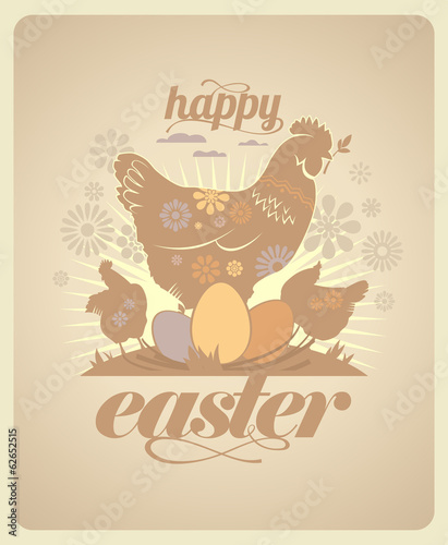 Easter vintage design with hens and eggs.