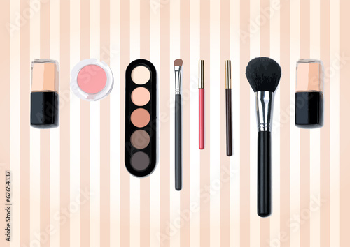 Isolated beautiful cosmetics and brushes for women