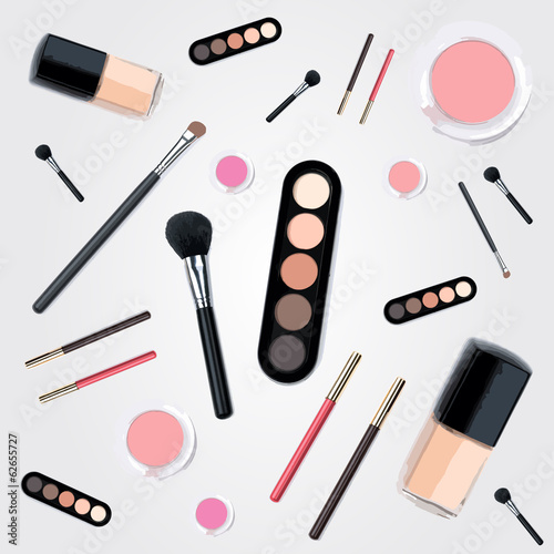 Isolated beautiful cosmetics and brushes for women