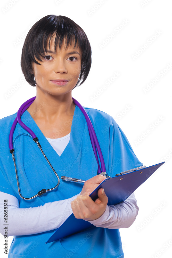 portrait of asian female doctor with clipboard isolated portrait of asian female doctor with clipboard isolated