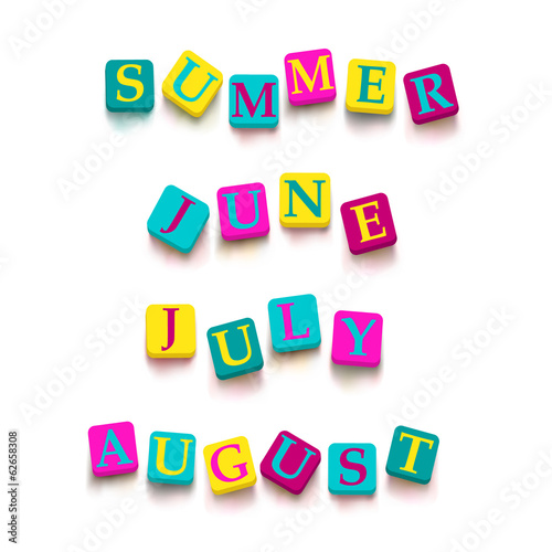 Words "summer", "june", "july", "august" with colorful blocks