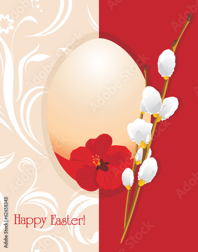 Easter egg with pussy willow on the ornamental background
