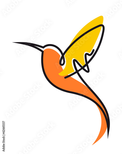 Flying hummingbird in yellow and orange