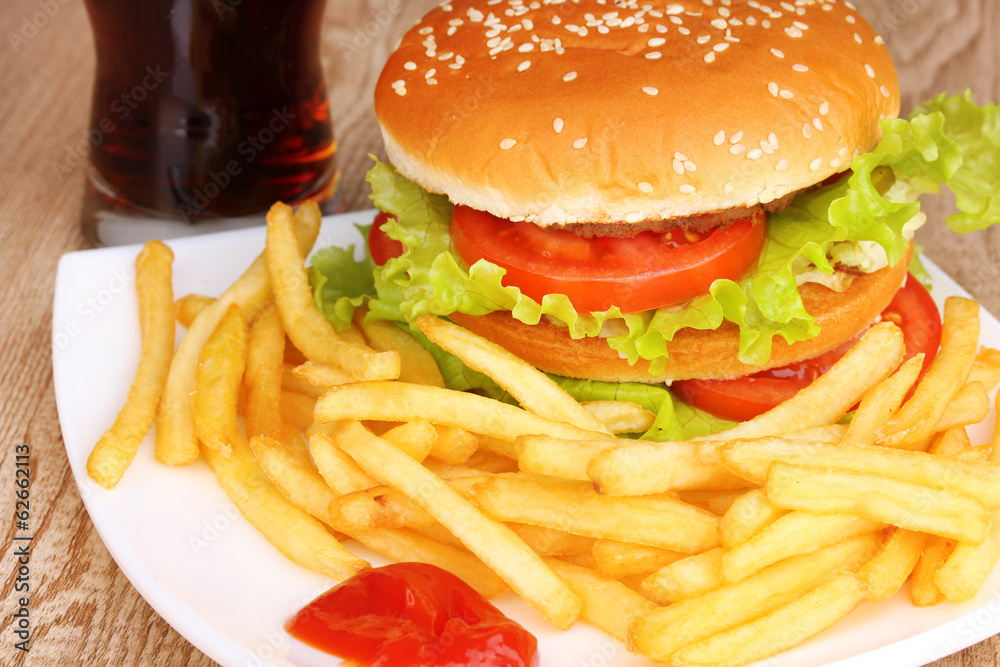 Big and tasty hamburger and fried potatoes Big and tasty hamburger and fried potatoes