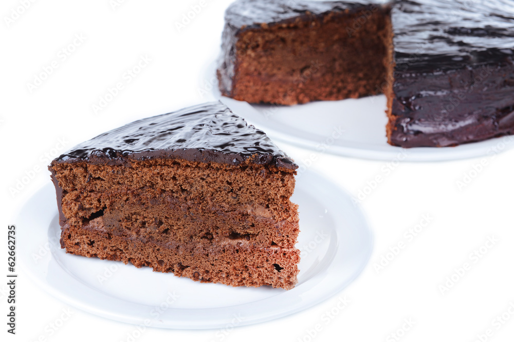Delicious chocolate cake isolated on white Delicious chocolate cake isolated on white