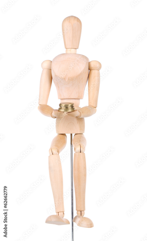 Wooden small mannequin with money isolated on white Wooden small mannequin with money isolated on white