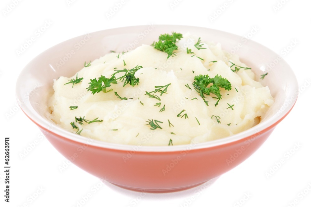 Delicious mashed potatoes with greens in bowl isolated on white Delicious mashed potatoes with greens in bowl isolated on white