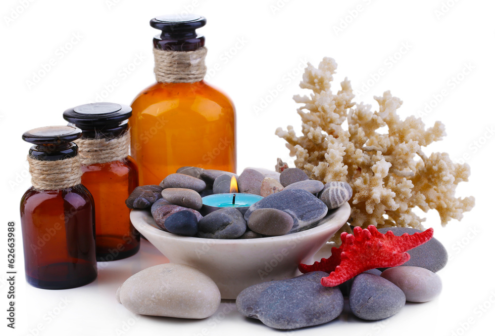 Composition with spa stones, candle, coral and star fish, Composition with spa stones, candle, coral and star fish,