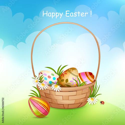 Illustration of basket full of colorful decorated Easter eggs .