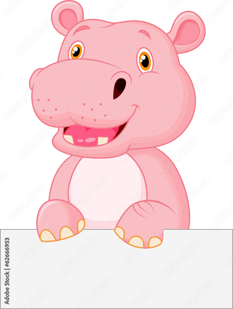 Naklejka Słodki hipopotam trzymający pusty znak