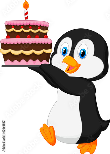 Cute penguin holding birthday cake