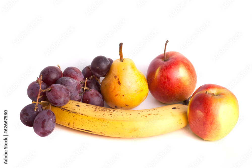 banana, apple, grapes are isolated on white banana, apple, grapes are isolated on white
