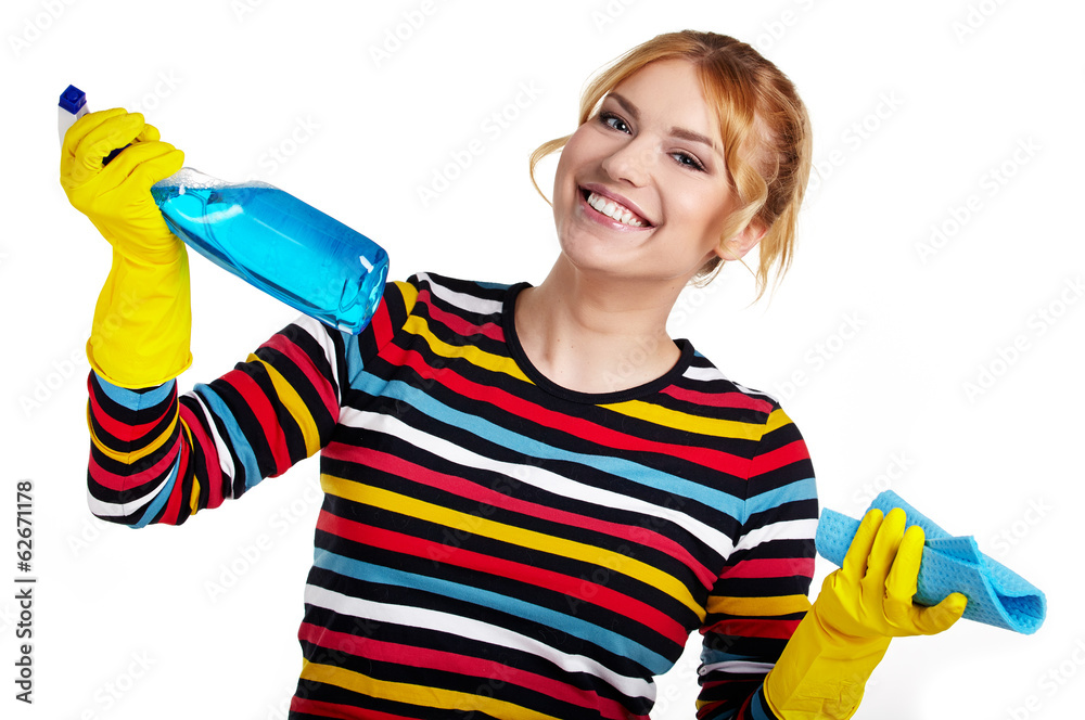 Spring cleaning woman ready for spring cleaning smiling with rub Spring cleaning woman ready for spring cleaning smiling with rub