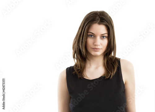 Portrait of attractive young woman over white background