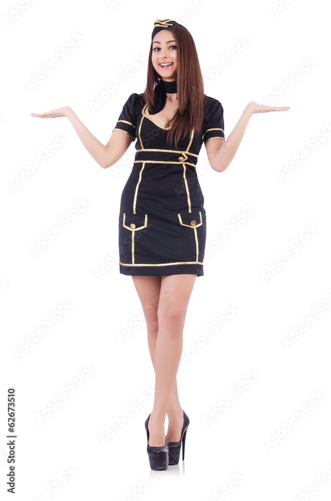 Young airhostess holding hands isolated on white Young airhostess holding hands isolated on white