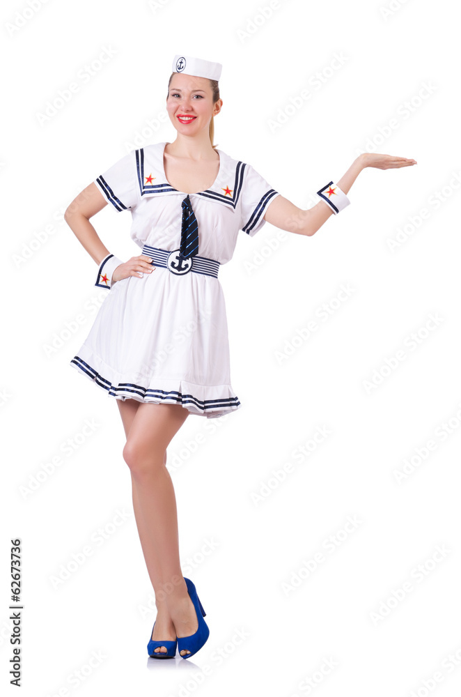 Young airhostess holding hands isolated on white Young airhostess holding hands isolated on white