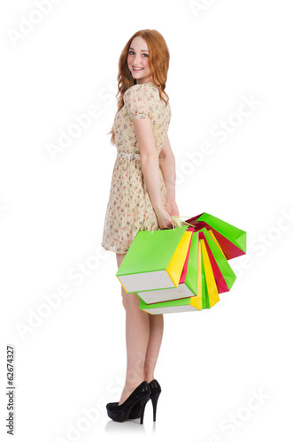 Woman after shopping isolated on white