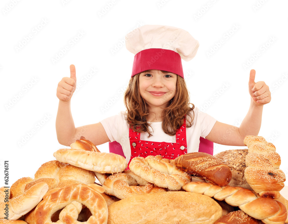 little girl bakery with thumbs up and breads little girl bakery with thumbs up and breads