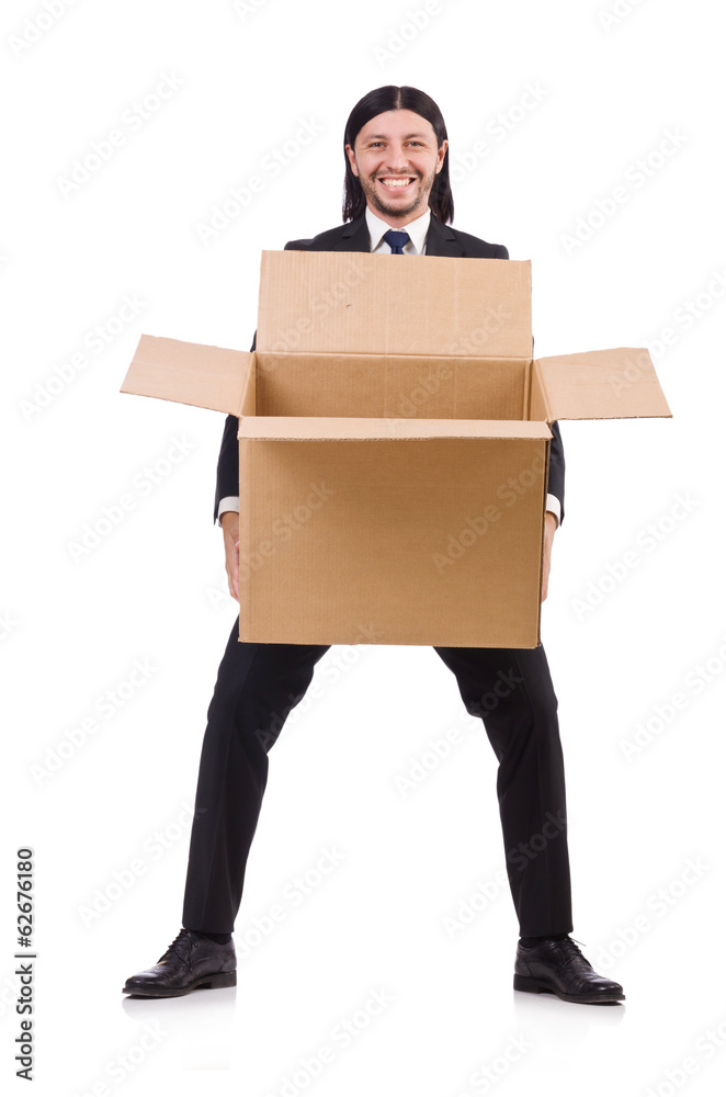 Funny man with boxes on white