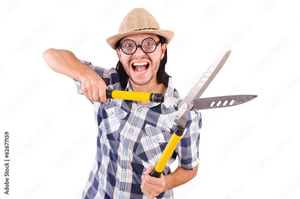 Funny guy with garden shears on white Funny guy with garden shears on white
