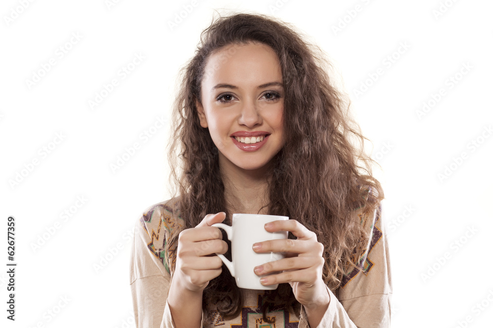 young girl holding a mug on white background young girl holding a mug on white background