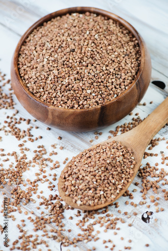 Raw buckwheat kernels, close-up, studio shot