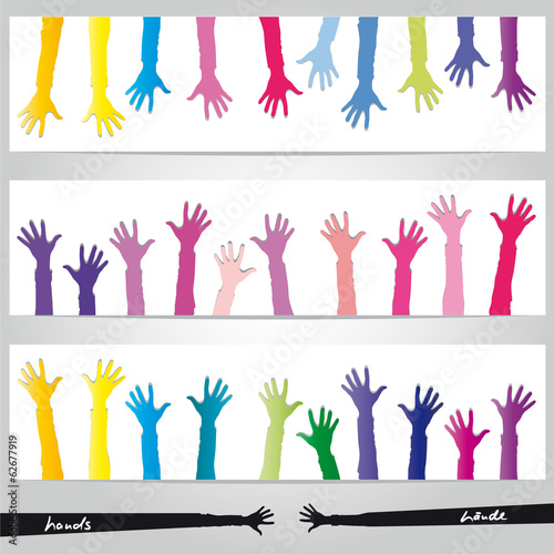Viele bunte Hände. Helfende Hände sind gemeinsam stark. Stärke zeigen und gemeinsam die Zukunft meistern. Solidarität üben und helfen. Banner - Hintergrund