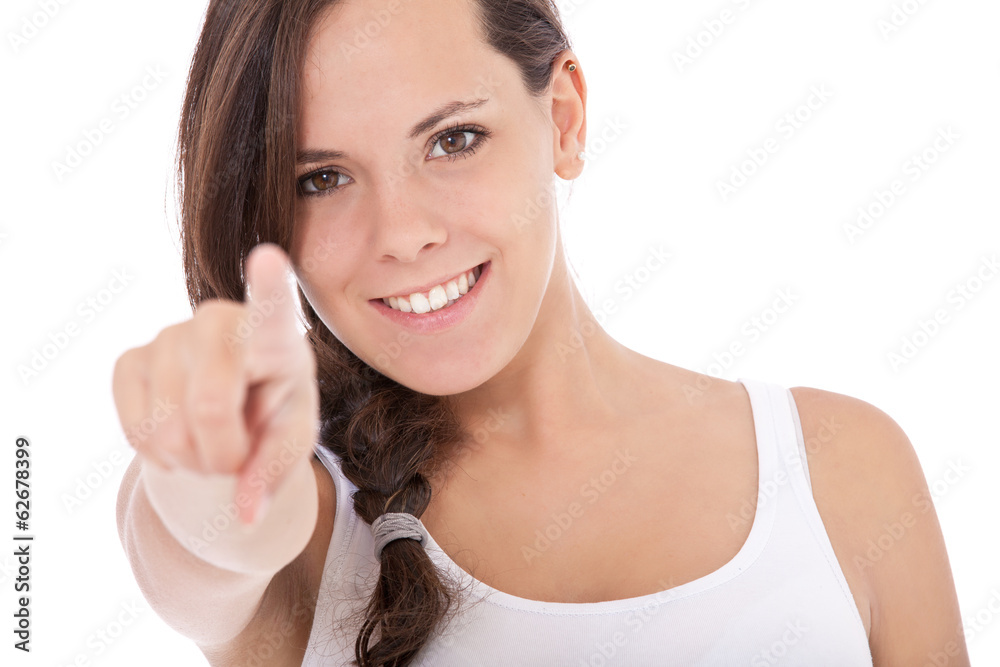 Attractive teenage girl points with finger Attractive teenage girl points with finger