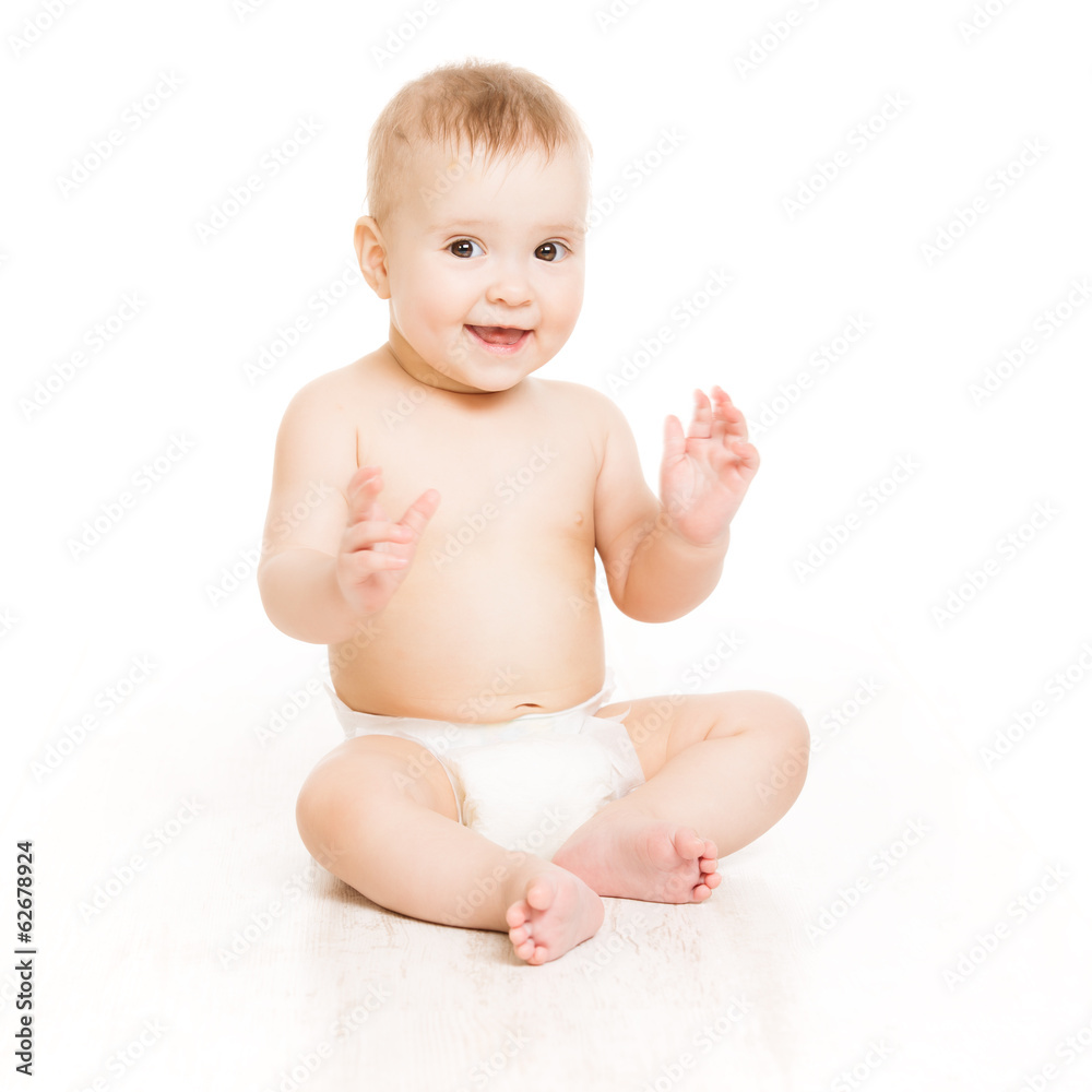 Baby smile, happy kid boy in diaper sitting white background Baby smile, happy kid boy in diaper sitting white background