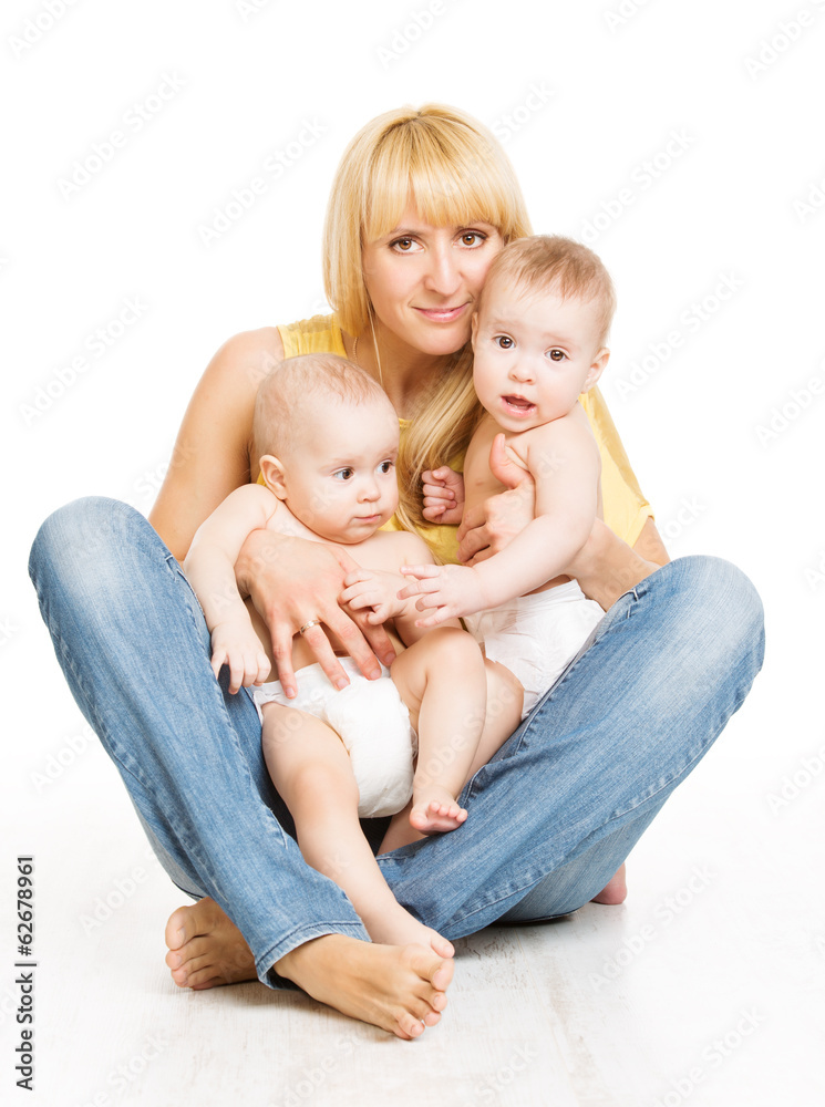 Mother and baby twins, family mom and two kids, white background Mother and baby twins, family mom and two kids, white background