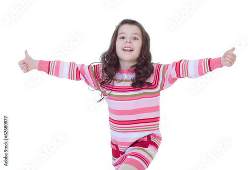 happy child girl with hands thumbs up