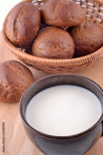 Ceramic cup with milk and bread