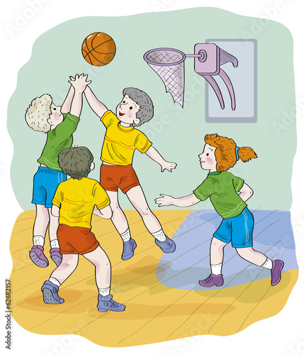Children, schoolboys play basketball.