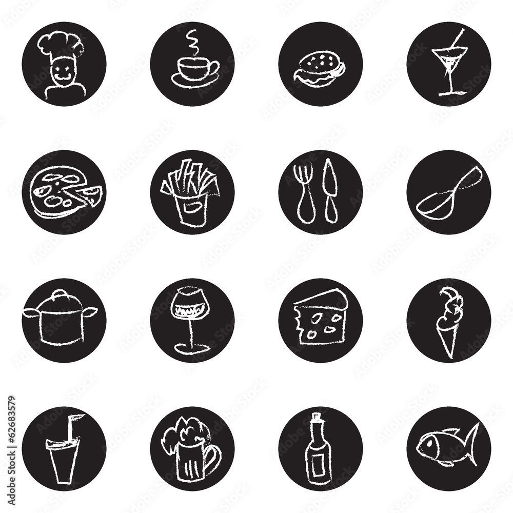 Food and drink Chalk doodles icons set