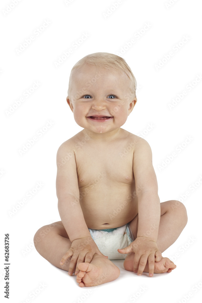 Happy baby sitting in diaper isolated on white Happy baby sitting in diaper isolated on white