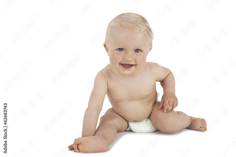 Happy baby crawling in diaper isolated on white Happy baby crawling in diaper isolated on white