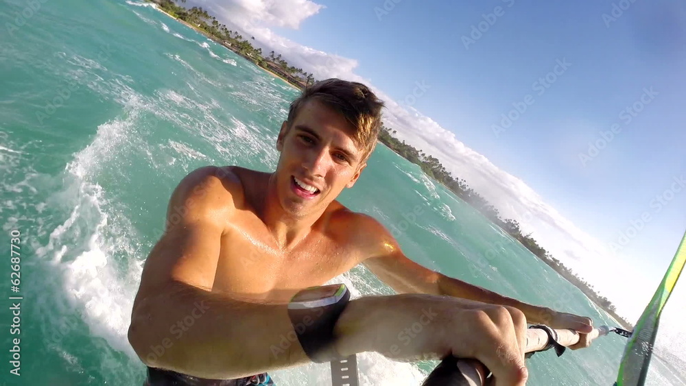 POV Windsurfer Does Extreme Trick