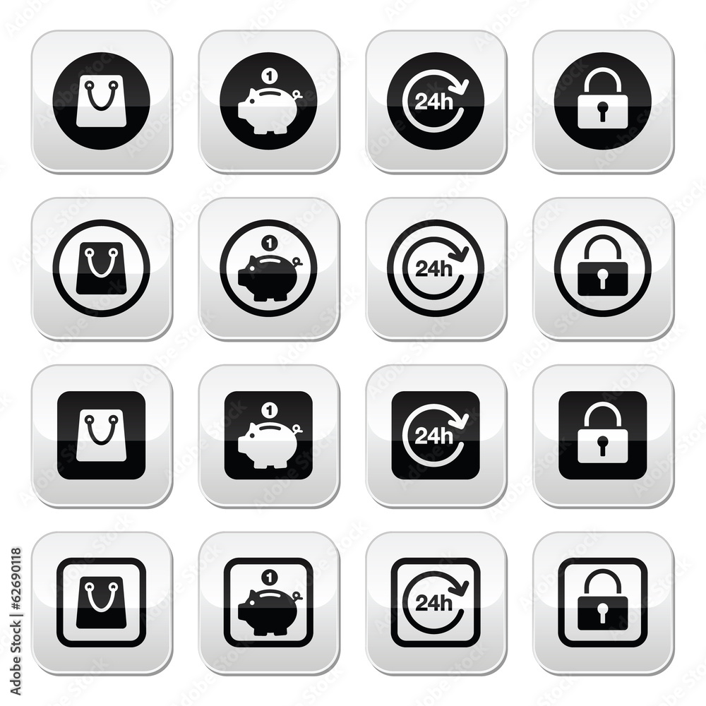 Shopping buttons set - account, save, 24h, shopping bag Shopping buttons set - account, save, 24h, shopping bag
