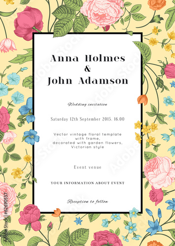 Vector vertical vintage floral wedding invitation card
