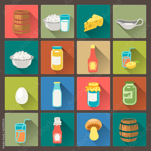 set of sixteen farm food icons in flat design style