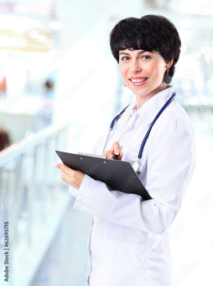 Smiling medical doctor woman with stethoscope.