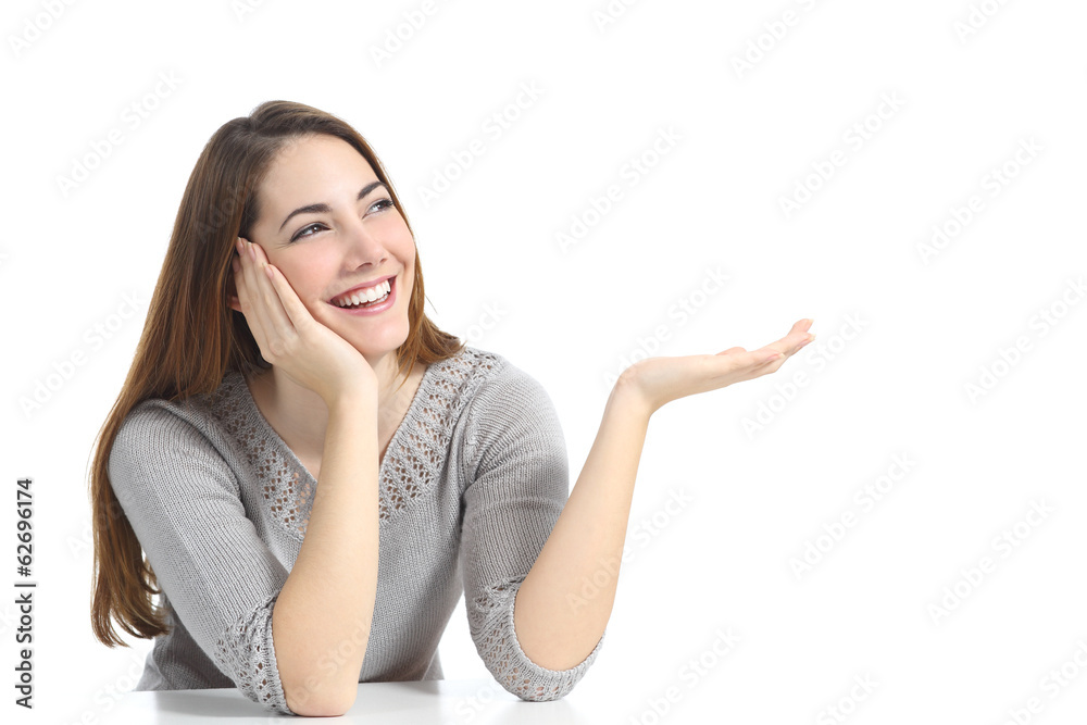 Beautiful happy woman presenting a blank advertising Beautiful happy woman presenting a blank advertising