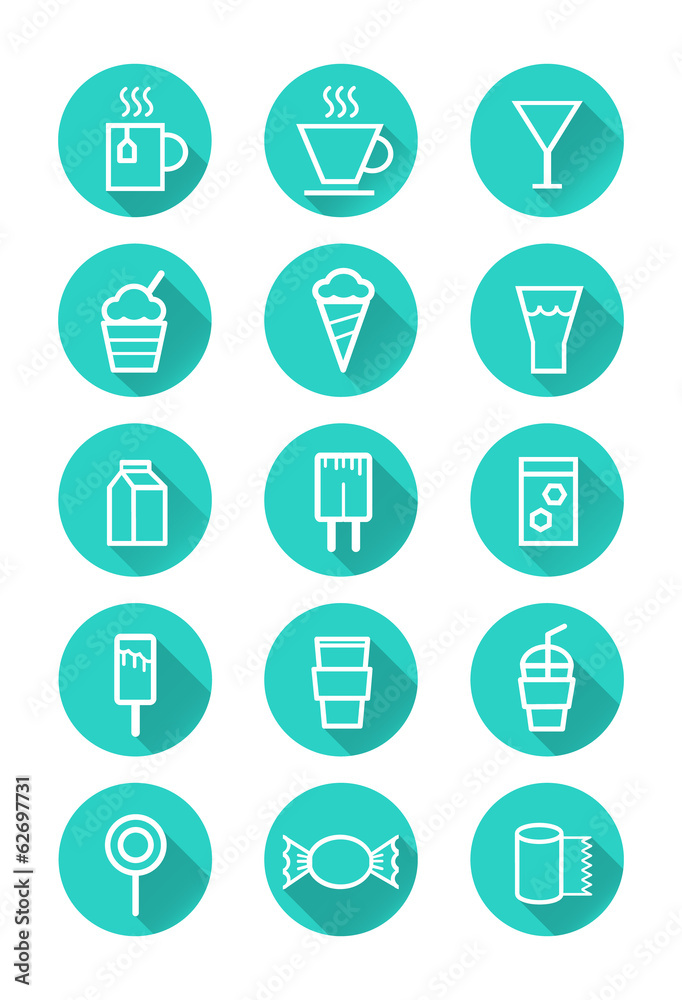 Drink and Sweets. flat icon set. vector