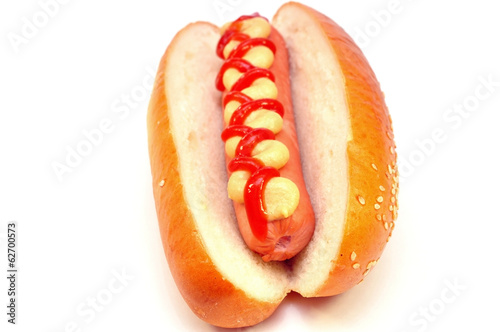 hot dog with tomato ketchup and mustard