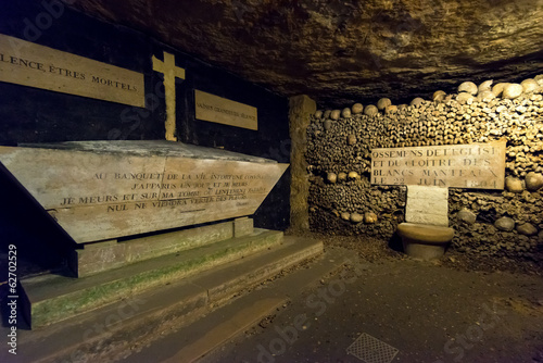 Les Catacombes de Paris, France. Catacombs are underground landmark of Paris. photo