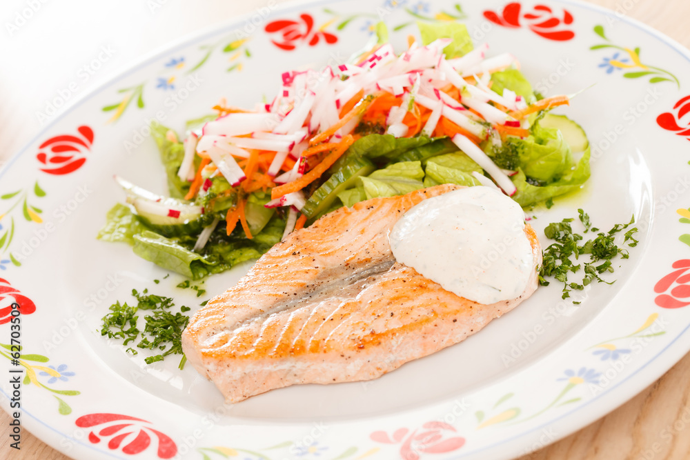 salmon steak with vegetables salmon steak with vegetables