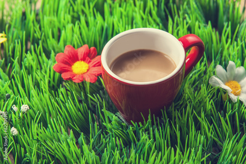 Cup of coffee on green grass.