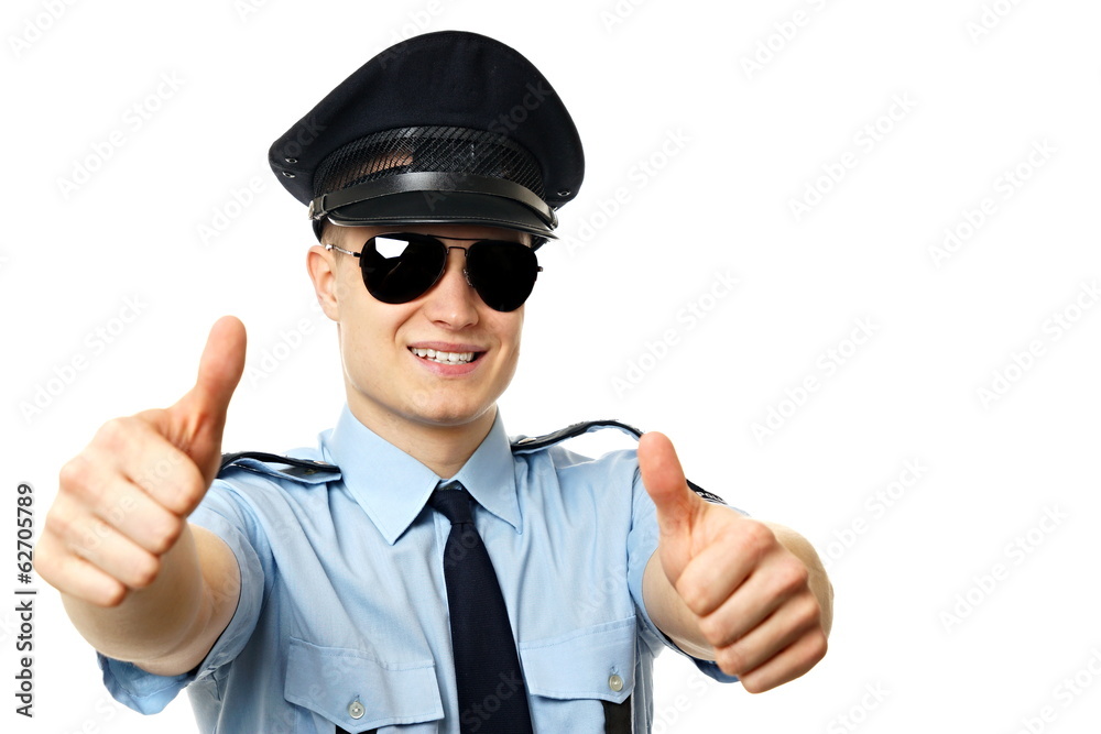 Young Policeman shows you two fingers up Young Policeman shows you two fingers up