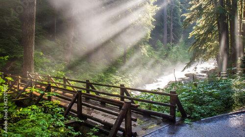 Sunlight through the steam at Sol duc's natural hot springs in Olympic National Park, Washington photo