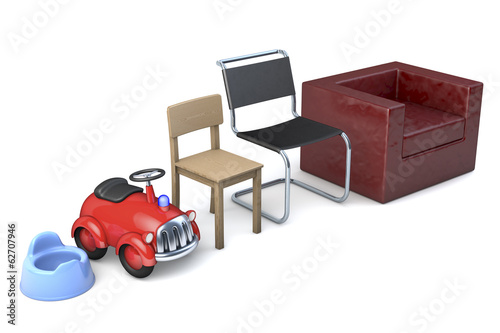 Sitze, Stühle im Laufe des Lebens, 3d Rendering photo